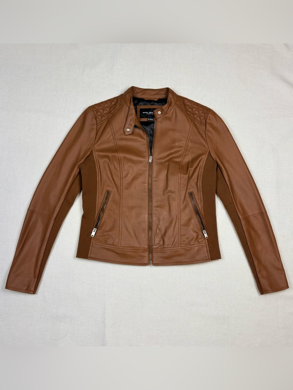 Marc New York Genuine Brown Leather Quilted Shoulder Tailored Moto Jacket
